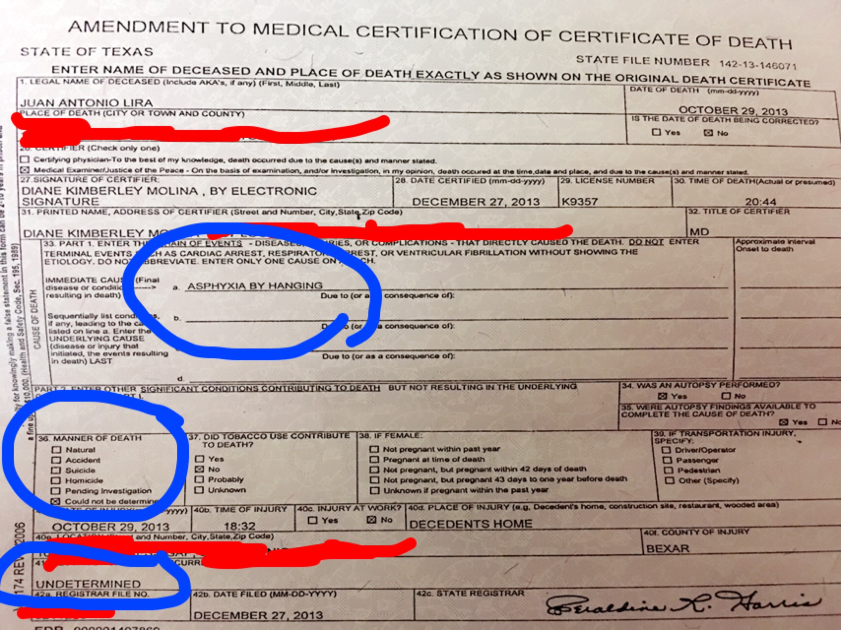 Certificate of Death with information on the cause of death.